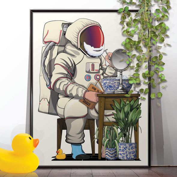Space Astronaut Shaving, funny toilet poster, wall art home decor print
