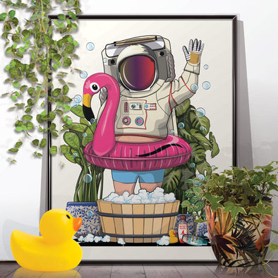 Space Astronaut in Foot Spa, funny toilet poster, wall art home decor print