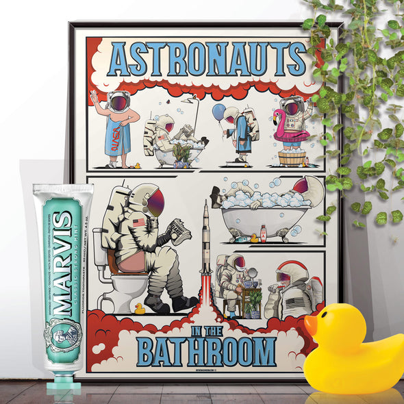 Space Astronauts in the Bathroom, funny toilet poster, wall art home decor print