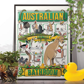 Australian Animals in the Bathroom, funny toilet poster, wall art home decor print
