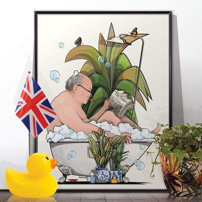 Churchill  Reading in the Bath, funny toilet poster, wall art home decor print
