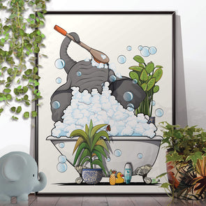 Elephant in bubble bath, funny bathroom wall art home decor print