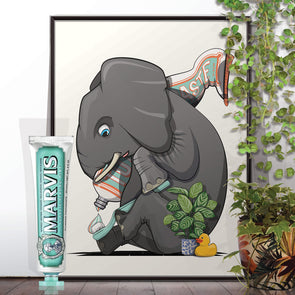 Elephant Cleaning Teeth, funny bathroom wall art home decor print