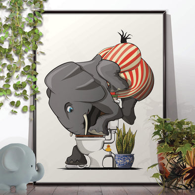 Elephant Drinking from Toilet, funny bathroom wall art home decor print