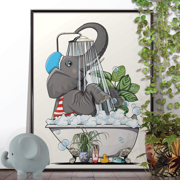 Elephant in the Shower, funny bathroom wall art home decor print