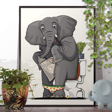 Elephant on the Toilet, funny bathroom wall art home decor print