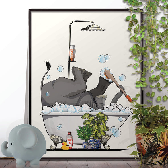 Elephant Washing Feet in Bath, funny bathroom wall art home decor print