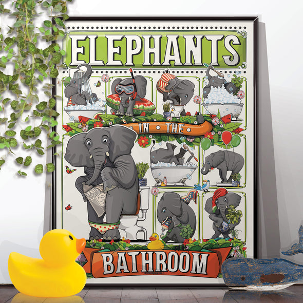 Elephants in the Bathroom, funny bathroom wall art home decor print