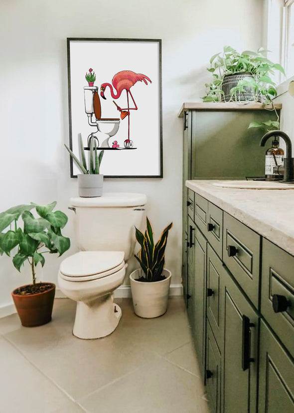 Flamingo with Toilet Plunger, funny bathroom Poster