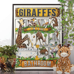Giraffes in the Bathroom, funny toilet poster, wall art home decor print