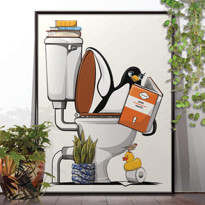 Penguin in the Toilet, funny Bathroom poster, wall art home decor print