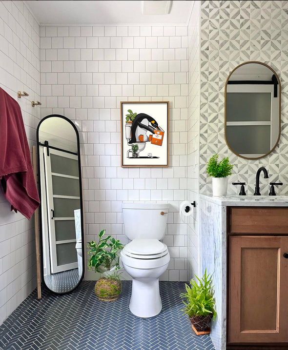 Penguin on Toilet, funny Bathroom poster, wall art home decor print