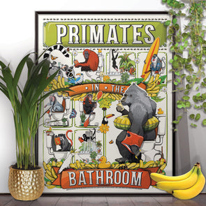 Primates in the Bathroom, funny toilet poster, wall art home decor print