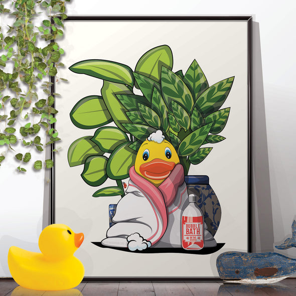 Rubber Duck in Cosy Bath Towel, funny bathroom wall art home decor print