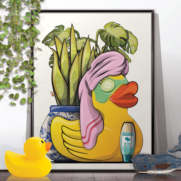 Rubber Duck Relaxing in the Bathroom, funny bathroom wall art home decor print