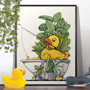 Rubber Duck Fishing for ducks in the bath, funny bathroom wall art home decor print