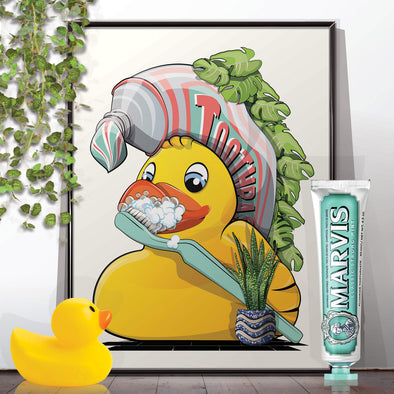 Rubber Duck Cleaning Teeth, funny bathroom wall art home decor print