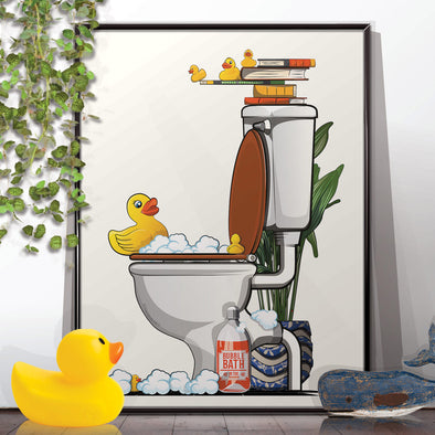 Rubber Ducks Swimming in the Toilet, funny bathroom wall art home decor print