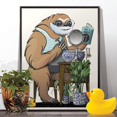 Sloth shaving, funny toilet poster, wall art home decor print