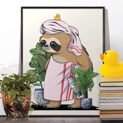 Sloth in Bath Towel, funny toilet poster, wall art home decor print
