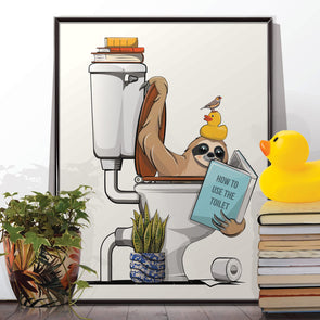 Sloth in the toilet, funny toilet poster, wall art home decor print