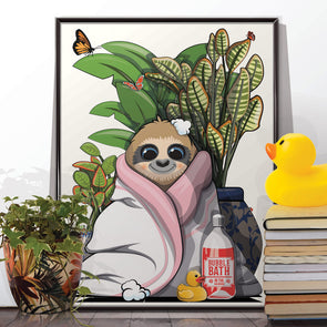 Sloth in cosy bathroom towel, funny toilet poster, wall art home decor print