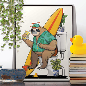 Sloth on the toilet, funny toilet poster, wall art home decor print