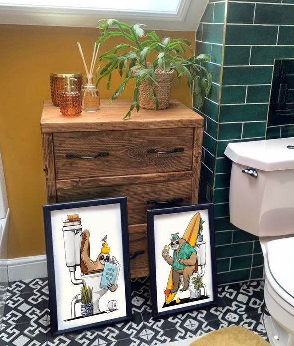 Sloth on the toilet, funny toilet poster, wall art home decor print
