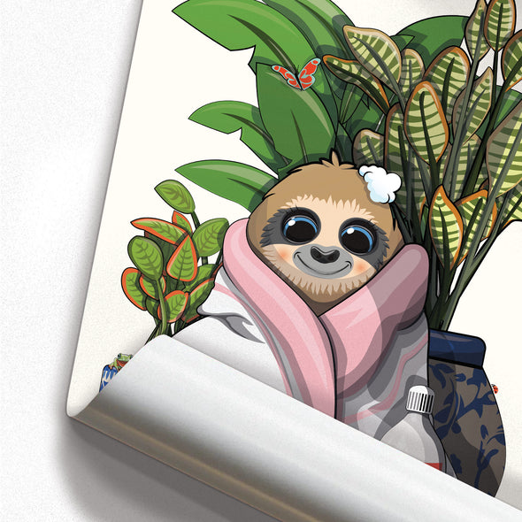 Sloth in cosy bathroom towel, funny toilet poster, wall art home decor print