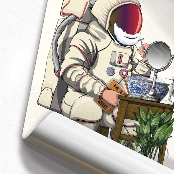 Space Astronaut Shaving, funny toilet poster, wall art home decor print