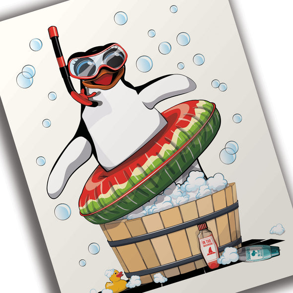 Penguin in Bubble Bath Bathtub, funny Bathroom poster, wall art home decor print