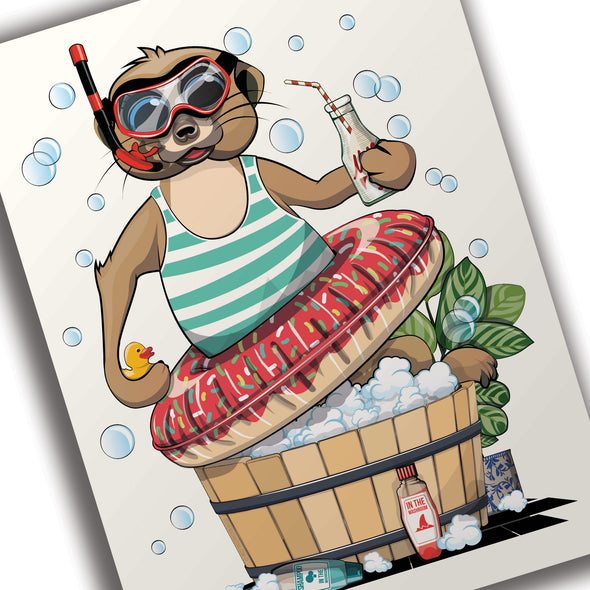 Meerkat in Bubble Bath, funny Bathroom poster, wall art home decor print