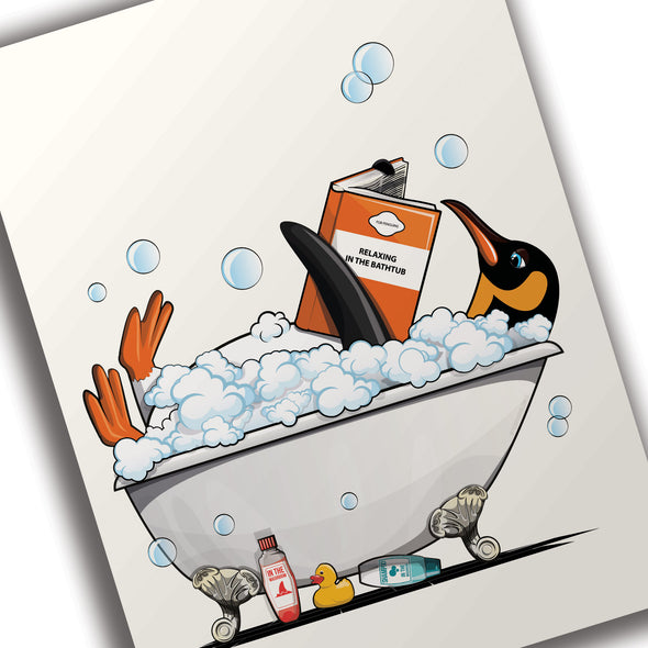 Penguin in the Bath, funny Bathroom poster, wall art home decor print