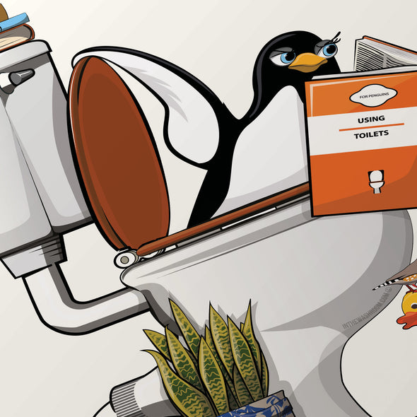 Penguin in the Toilet, funny Bathroom poster, wall art home decor print