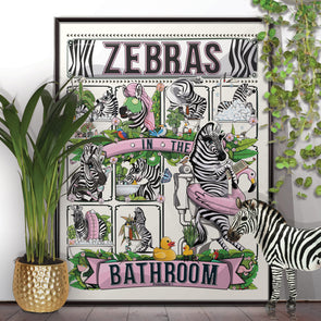 Zebras in the Bathroom, funny toilet poster, wall art home decor print