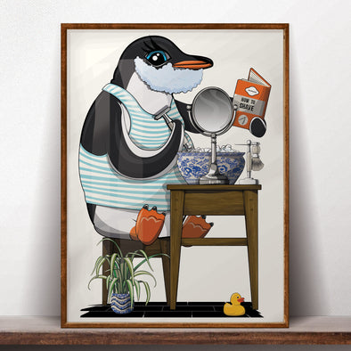 Penguin Shaving, funny Bathroom poster, wall art home decor print