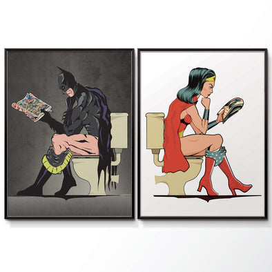 Batman and Wonder woman Bathroom poster set. wyatt9.com