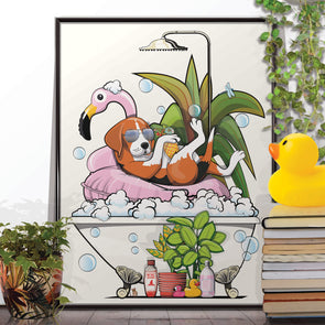 Beagle in Bath with inflatable Flamingo, funny bathroom home decor poster print