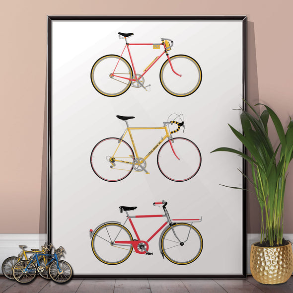 Vintage Bicycles Poster. Framed in three sizes 30x40cm, 18x24 inches, or 24x36 inches - wyatt9.com