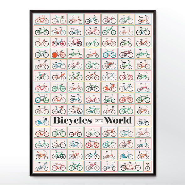 Vintage style poster of bicycles from around the world. Framed in three sizes 30x40cm, 18x24 inches, or 24x36 inches