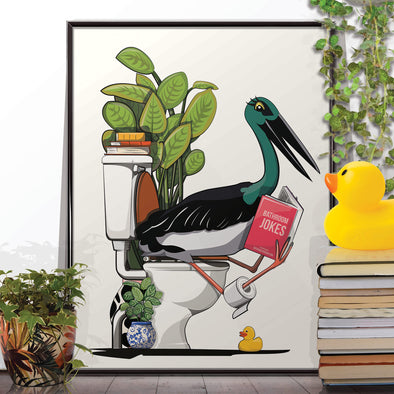 Black Stork sitting on the Toilet, funny bathroom poster, wall art home decor print