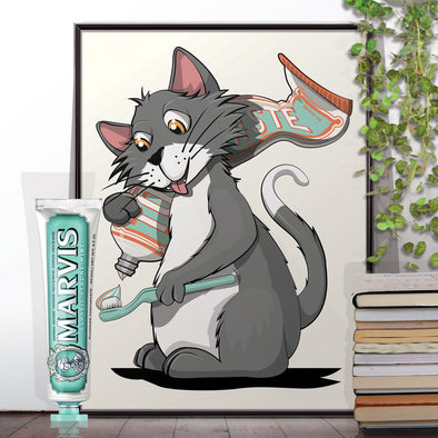 Cat cleaning teeth, Bathroom Poster