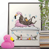 Cat relaxing in the bath on a flamingo, Bathroom Poster