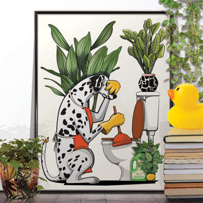 Dalmatian Cleaning Toilet, funny bathroom poster, home decor