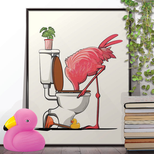 Flamingo with head in Toilet