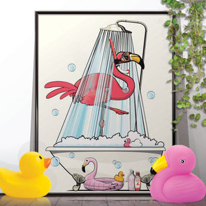 Flamingo in the Shower Bathroom Poster