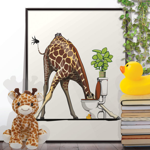 Giraffe with Head in Toilet, funny bathroom poster, wall art home decor print