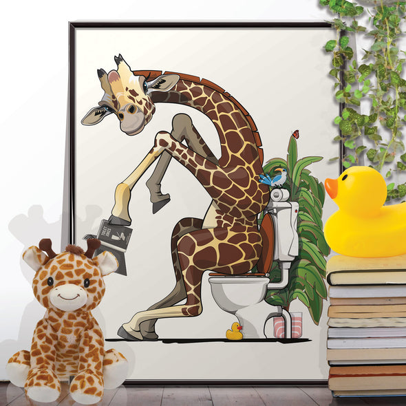 Giraffe on Toilet, funny bathroom poster, wall art home decor print