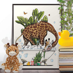 Giraffe in the Bath Eating Plant, funny bathroom poster, wall art home decor print