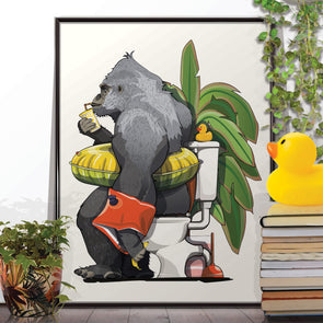 Gorilla on the Toilet, funny bathroom poster, home decor print